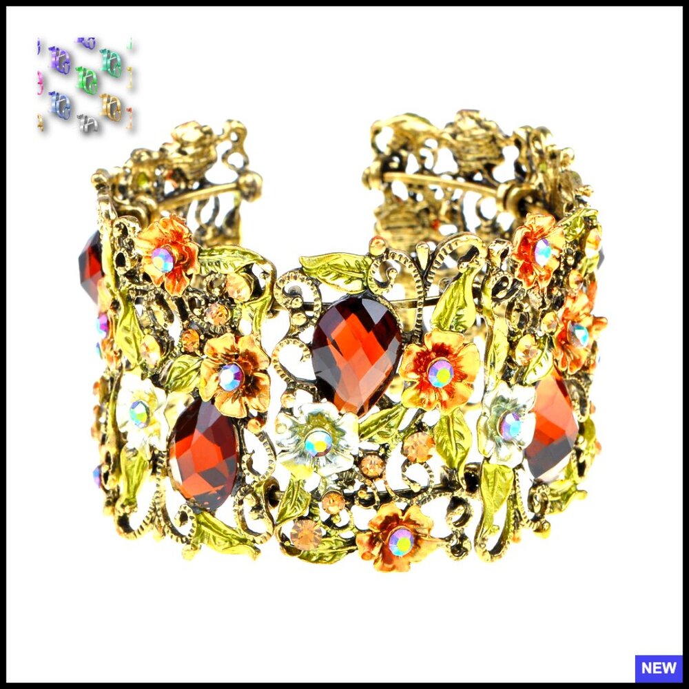 Vintage Floral Crystal Rhinestone Cuff Bracelet Elegant Retro Statement Piece